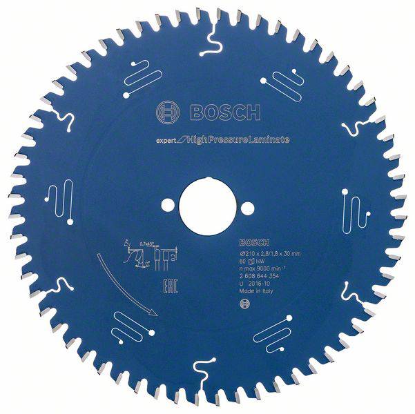 Bosch Kreissägeblatt, blau, für Hochdrucklaminat, Durchmesser 210 mm, 60 Zähne, in Italien hergestellt.