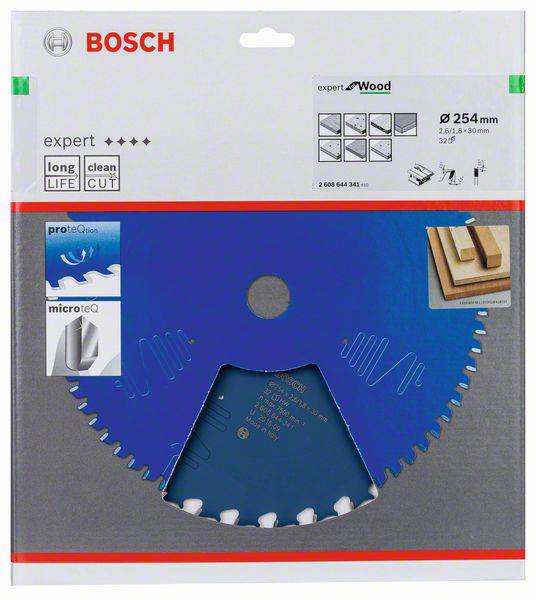Bosch Kreissägeblatt 254 mm für Holz, langes Leben, sauberer Schnitt; Verpackung zeigt Details zur Technologie und Anwendungsbeispiele.