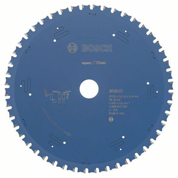 Blaues Sägeblatt mit weißem Text: 'Bosch' und Spezifikationen. Geeignet für Holzarbeit, Durchmesser 250 mm. Made in Italy.