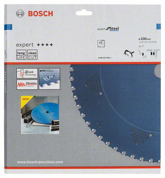 Das Bild zeigt eine Bosch Stahltrennscheibe 'expert Steel' mit 230 mm Durchmesser. Geeignet für lange Lebensdauer und sauberen Schnitt.