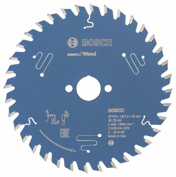 Blaue Kreissägeblatt von Bosch, beschriftet mit 'expert for Wood', Durchmesser 140 mm, für Holzbearbeitung, hergestellt in Italien.