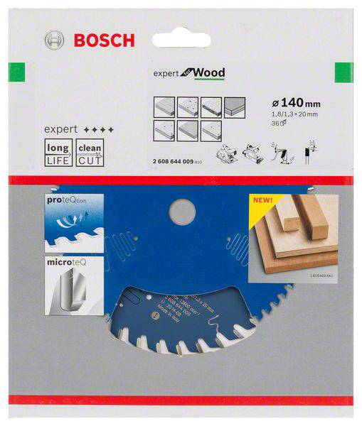 Verpackung für Bosch Sägeblatt, geeignet für Holz, mit 140 mm Durchmesser. Enthält Symbole für lange Lebensdauer und saubere Schnitte.