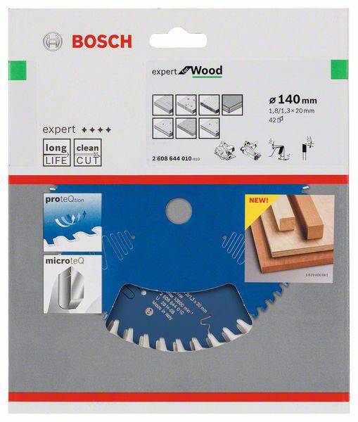 Verpackung eines Bosch Kreissägeblatts für Holz, ø 140 mm, mit Piktogrammen zu Lebensdauer und Schnittqualität.