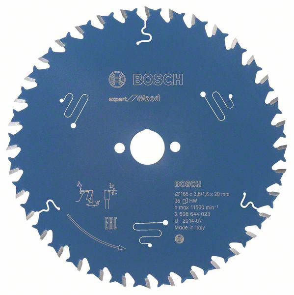 Ein blaues Sägeblatt der Marke Bosch für Holzarbeiten, mit 36 Zähnen, Durchmesser 165 mm, Bohrung 20 mm, geeignet für bis zu 11.500 min⁻¹.