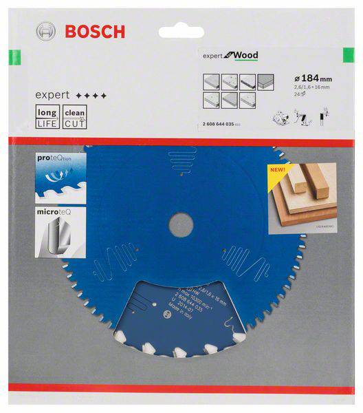 Bosch Expert Kreissägeblatt für Holz. 184 mm, blaue Antihaftbeschichtung, reduziertem Lärm, präziser Schnitt.