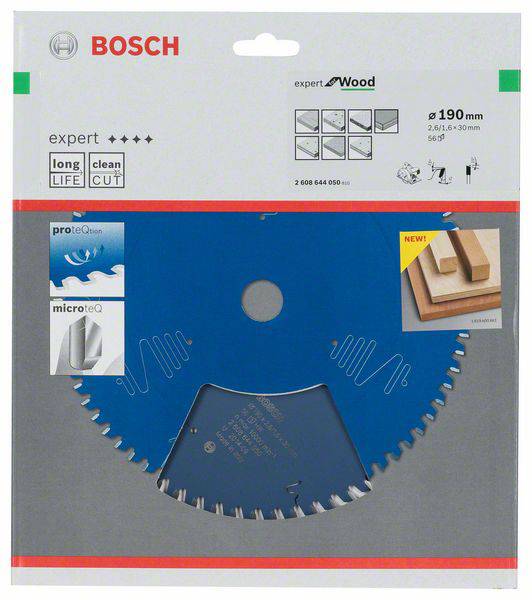 Sägeblatt von Bosch für Holz, 190mm. Auszeichnungen für lange Lebensdauer und sauberen Schnitt. Beworbenes Produkt mit blauer Verpackung.
