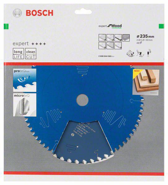 Kreissägeblatt für Holz von Bosch, Durchmesser 235 mm, mit Symbolen für Langlebigkeit und sauberen Schnitt. Verpackung zeigt Produktdetails.