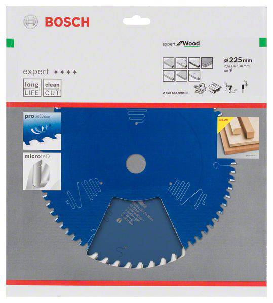 'Bosch Expert Wood' Sägeblattverpackung zeigt das blaue Sägeblatt für präzise Holzbearbeitung, hervorgehobene Funktionen und Sicherheitsmerkmale.