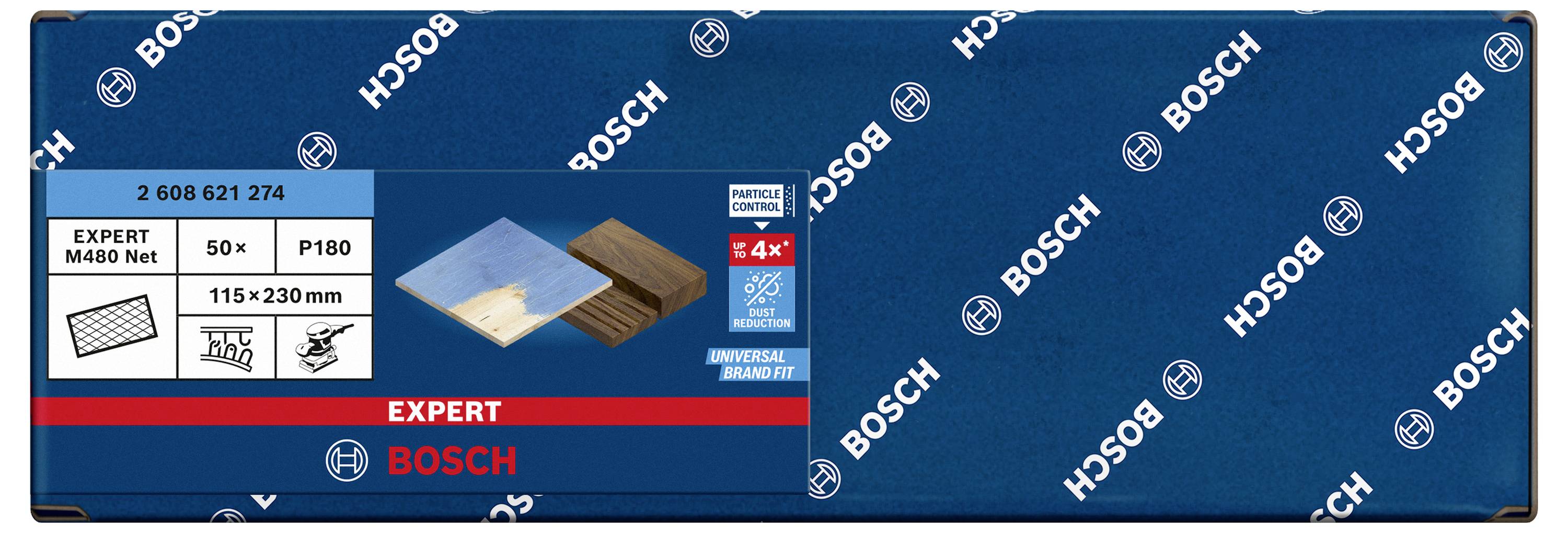 'Bosch Expert' Schleifpapierbox, 115x230mm, 50 Stück, P180, für Holz und Farbe. Verpackung in blau mit weißem Bosch-Logo.