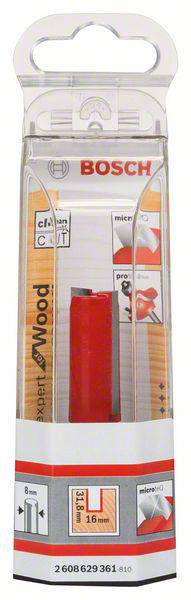 Verpackung von Bosch-Fräser. Geeignet für Holz, 16 mm Durchmesser, 8 mm Schaft. Produktabbildung und Firmenlogo sichtbar.