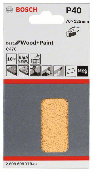 Bosch Schleifpapier P40, 70 x 125 mm, für Holz und Farbe, 10 Stück. Geeignet für schnellen und perfekten Feinschliff.