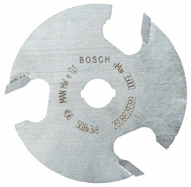 Rundes Schneidwerkzeug aus Metall mit Aufschrift 'Bosch', geeignet für Maschinen, zeigt technische Spezifikationen und Seriennummer.