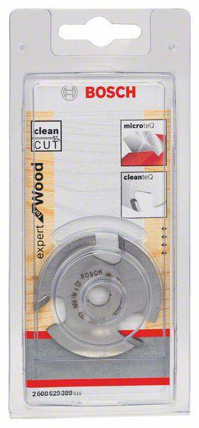 Verpackung eines Bosch 'expert for Wood' Sägeblatts mit der Bezeichnung 'clean cut'. Enthält Hinweise auf 'microteQ' und 'cleaneTeQ'.