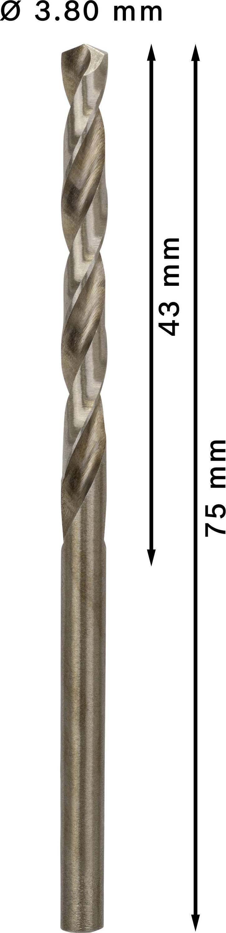 Metallbohrer, Durchmesser 3,80 mm, Länge 75 mm, Spiralteil 43 mm. Geeignet für präzises Bohren in Metalloberflächen.