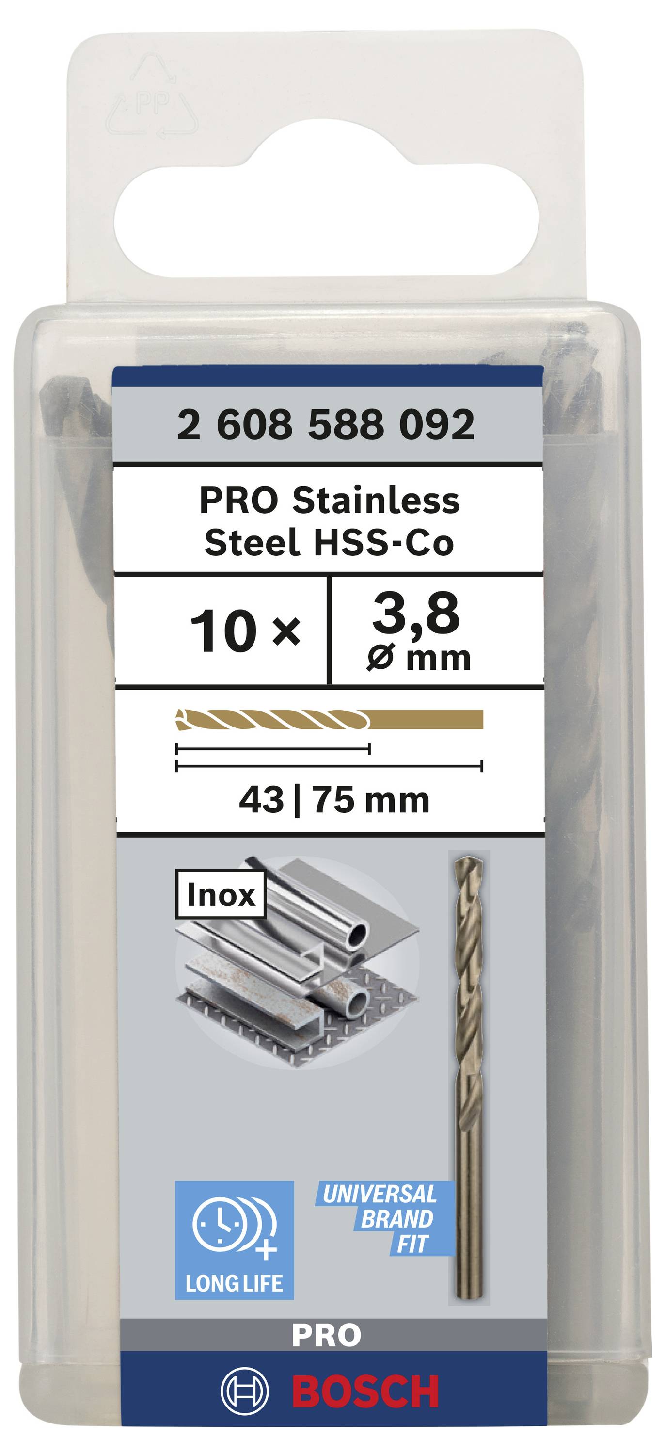 Bohrer-Set für Edelstahl 'PRO Stainless Steel HSS-Co', 10 Stück, Durchmesser 3,8 mm, Länge 43/75 mm, Marke Bosch.
