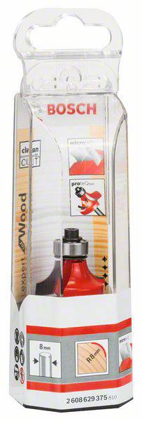 'Bosch' Fräser aus der 'Expert for Wood' Serie, verpackt. 8mm Durchmesser, geeignet für saubere Holzschnitte. Verpackung zeigt Produktbild.