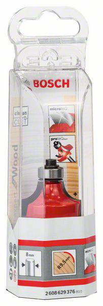 Verpackung für einen Bosch-Rundfräser mit Clean-Click-Funktion, 8-mm-Schaft. Geeignet für Holzarbeiten, Abbildung eines Einsatzes.