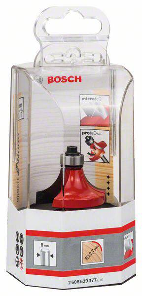 Ein Fräsbohrer von Bosch in einer transparenten Verpackung. Der Bohrer ist rot, mit einer Kennzeichnung von 8 mm und einem Radius von 12,7 mm.