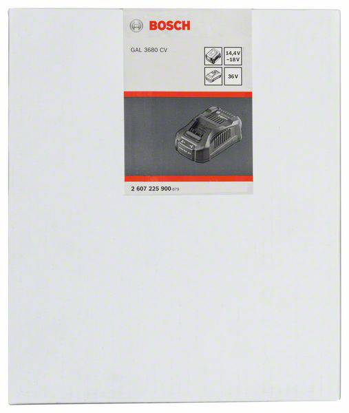 Ladegerät von Bosch GAL 3680 CV, geeignet für 14,4V bis 36V. Abgebildet auf grauer Verpackung.