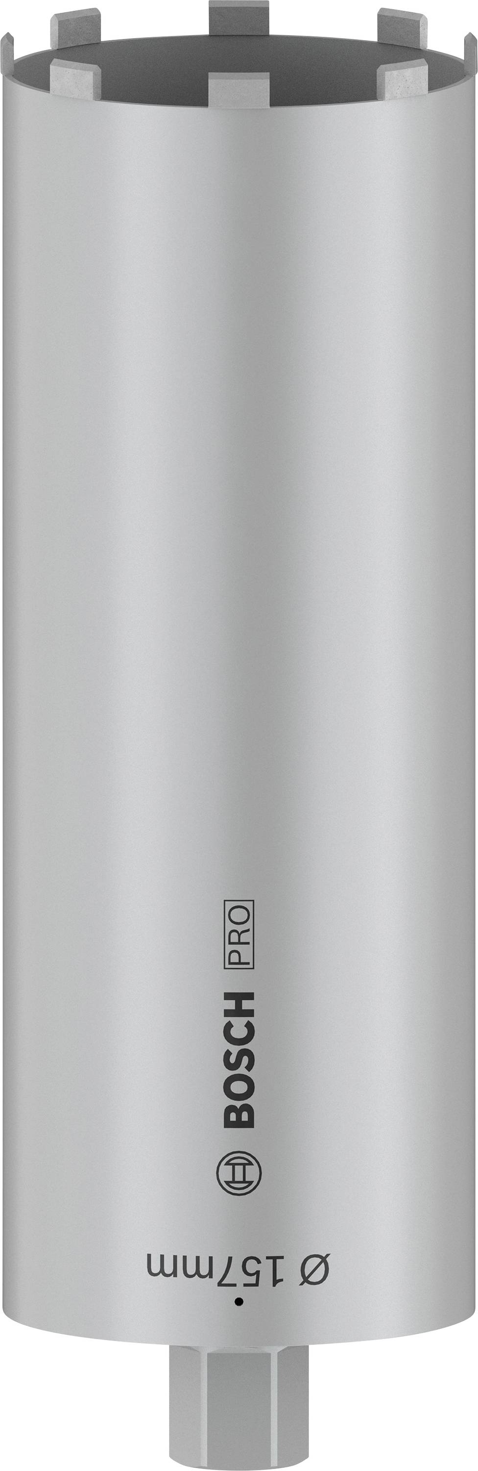 'Bosch Pro' Hohlbohrkrone mit 157 mm Durchmesser, verwendet für präzises Bohren in Beton. Silberfarbene, zylindrische Form.