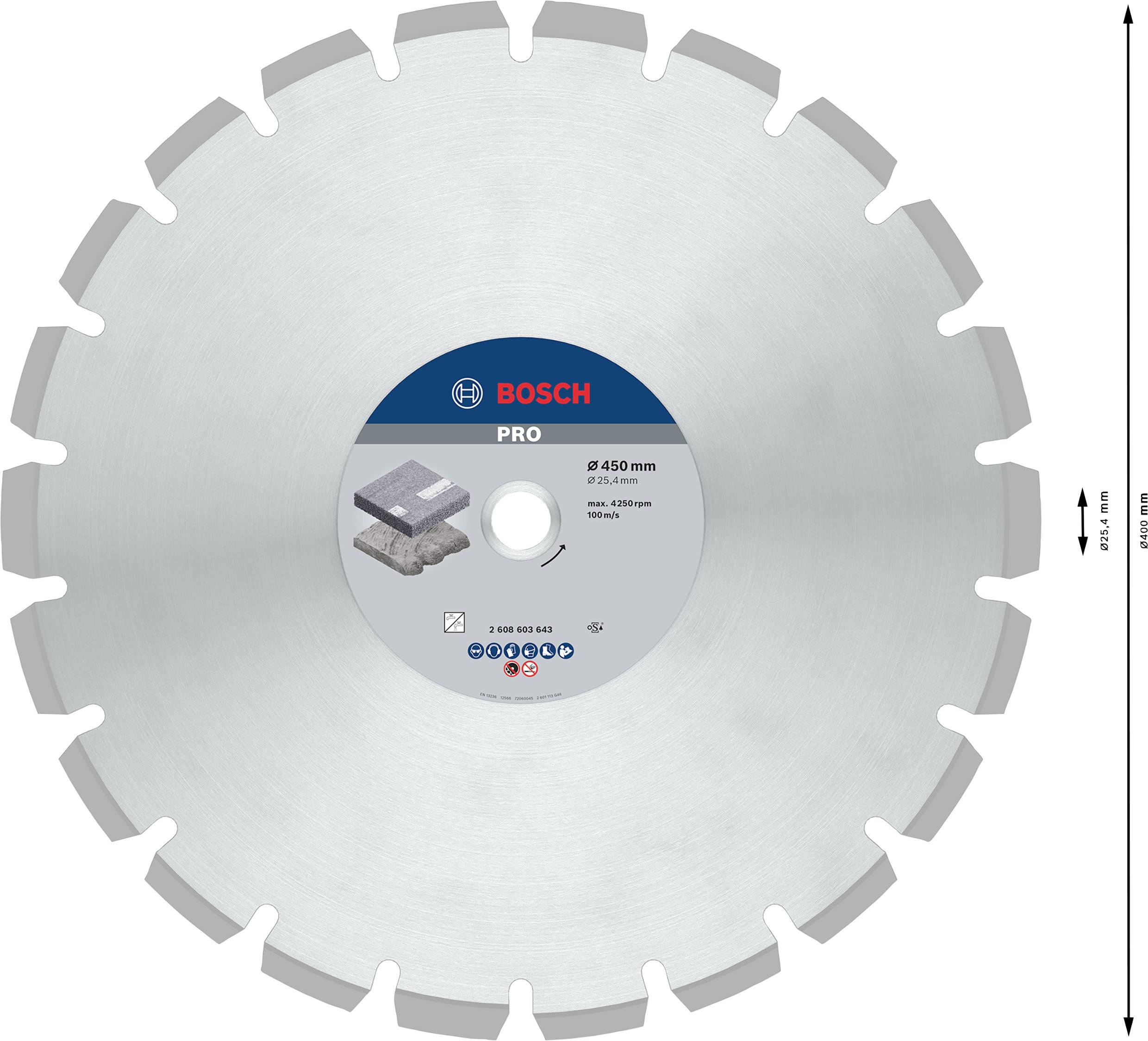 Eine silberne, runde Sägeblatt mit Bosch-Logo in der Mitte. Durchmesser 450 mm. Geeignet für Betonarbeiten.