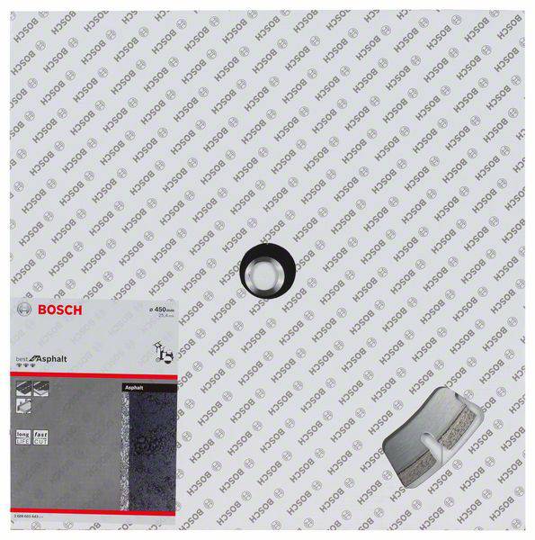 'Bosch'-Verpackung für Asphalt-Schneidklinge mit grauem Muster im Hintergrund, zeigt eine Klinge unten rechts und Produkthinweise.