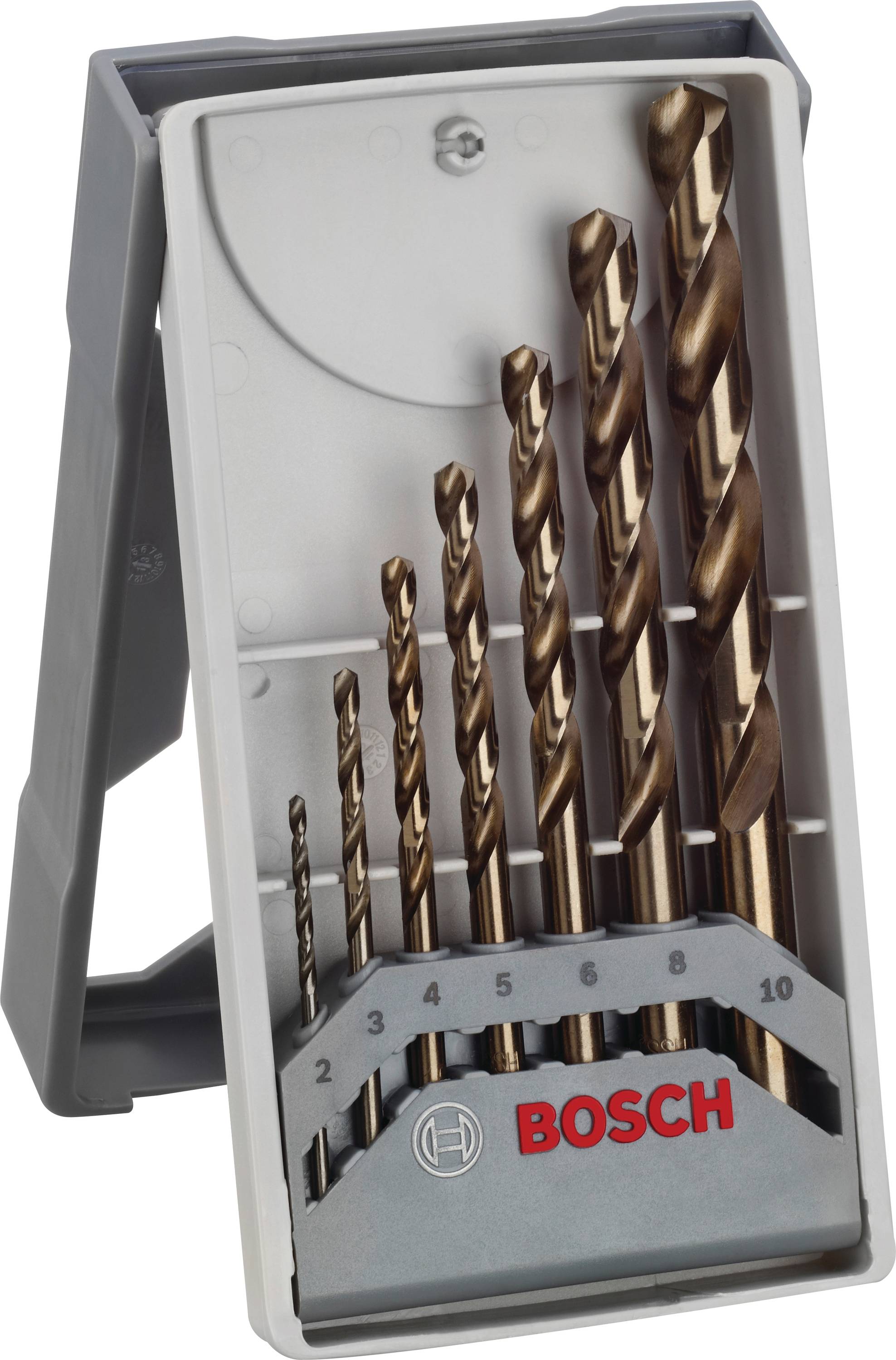 Bohrer-Set 'Bosch' in einem offenen, grauen Etui. Sieben goldfarbene Metallbohrer in verschiedenen Größen sind zu sehen.