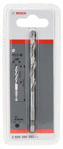 Metallbohrer von Bosch in einer Kunststoffverpackung, Länge 100 mm, Durchmesser 6,35 mm, geeignet für präzises Bohren.