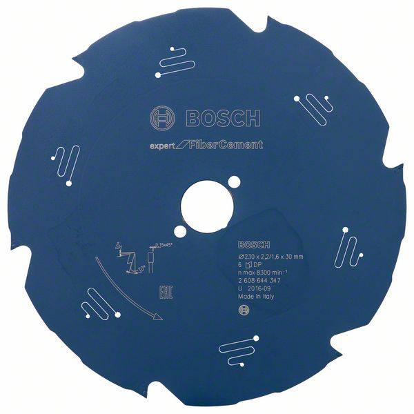 Sägeblatt der Marke Bosch, blau, für Faserzement geeignet, hat einen Durchmesser von 230 mm und eine Bohrung von 30 mm.