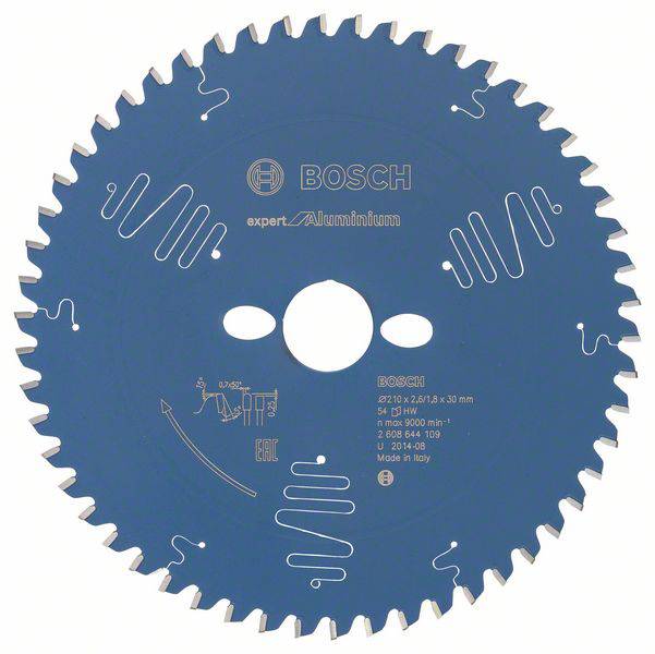 Kreissägeblatt von Bosch für Aluminium, blau beschichtet, mit 96 Zähnen und technischen Details wie Durchmesser und Drehzahl aufgedruckt.