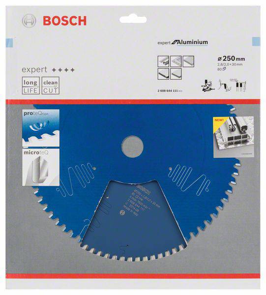 Verpackung eines Bosch Kreissägeblatts für Aluminium, 250 mm Durchmesser, mit 'long life' und 'clean cut' Features.