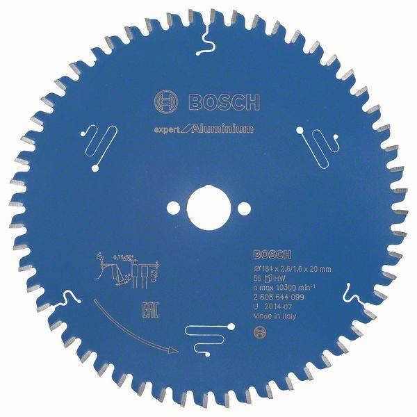 Kreissägeblatt von Bosch, blau, mit der Aufschrift 'expert für Aluminium', Durchmesser 184 mm, speziell für Aluminium geeignet.