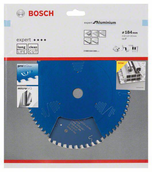 Eine blaue Bosch-Sägeblattverpackung für Aluminium, Durchmesser 184 mm. Betonung auf Langlebigkeit und sauberen Schnitt.
