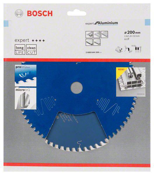 Eine blaue Kreissägeblattverpackung von Bosch, geeignet für Aluminium, Durchmesser 200 mm, mit Angaben zu Lebensdauer und Schnittqualität.