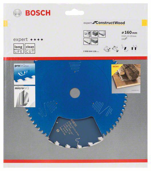 Kreissägeblatt von Bosch 'expert ConstructWood', Durchmesser 160 mm, geeignet für Bauholz; blaue Beschichtung, auf Karton verpackt.