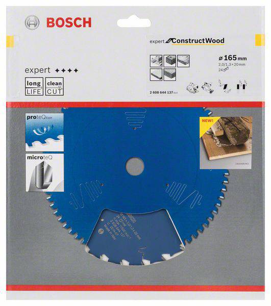 Bosch Kreissägeblatt Expert für Holz, 165 mm Durchmesser, für saubere Schnitte und lange Lebensdauer. Verpackung zeigt Sägeblatt und Info-Icons.