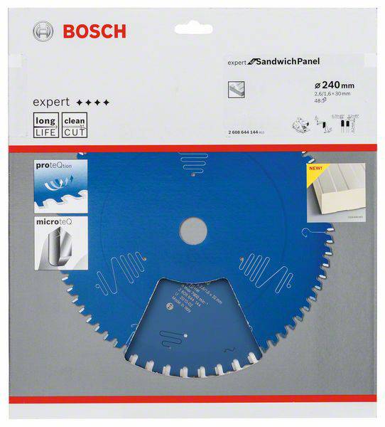 Eine blaue Kreissäge mit 'Expert' und 'SandwichPanel' Kennzeichnung. Durchmesser: 240 mm. Geeignet für langlebiges und sauberes Schneiden.