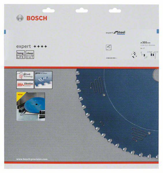 Verpackung einer Bosch Sägeblattscheibe, zeigt 'expert Steel' Serie, '355 mm', mit Betonung auf langlebige und präzise Schnitte.