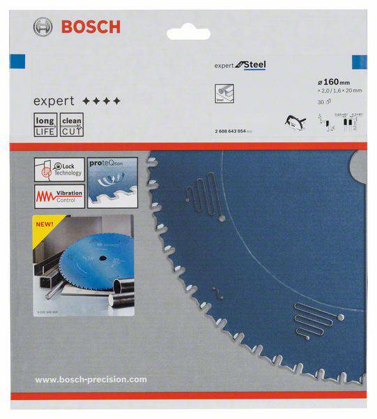 Verpackung einer Bosch-Kreissäge mit einem Sägeblatt. Enthält Merkmale wie lange Lebensdauer, saubere Schnitte, und Stahlmaterial.