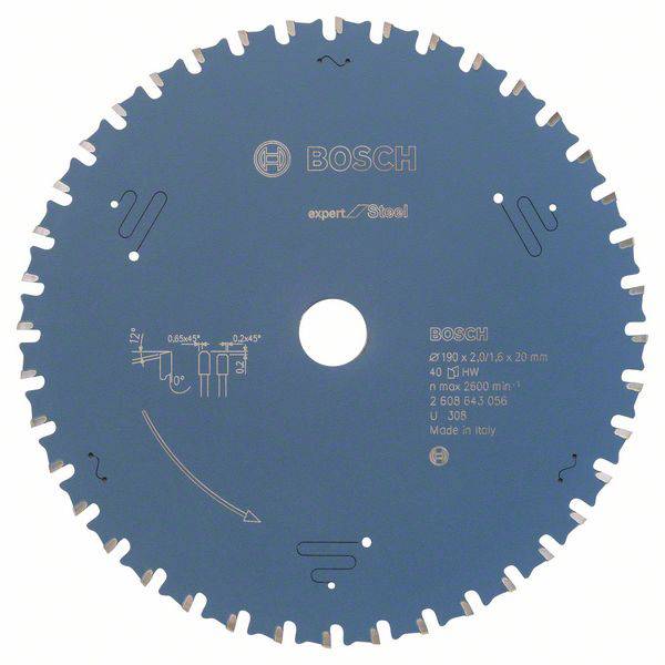 Sägeblatt von Bosch mit Markierungen für Größe, Leistung und Herkunft. Geeignet für Holzverarbeitung bei 2600 min⁻¹, Made in Italy.