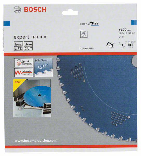 Verpackung einer Bosch 'expert' Kreissägeblatt für Stahl, Ø 190 mm. Merkmale: lange Lebensdauer, saubere Schnitte, Vibrationskontrolle.