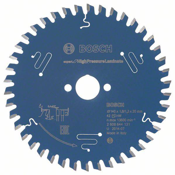 Kreissägeblatt von Bosch mit Zahnung und Markierungen für Material- und Sicherheitsinformationen, geeignet für Hochdrucklaminate.