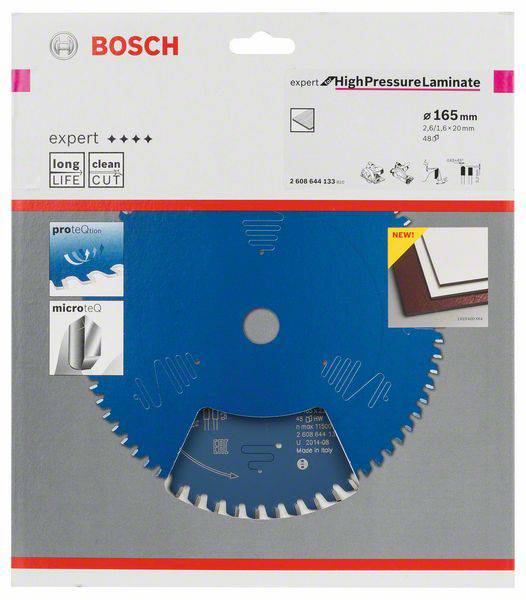 'Bosch Expert' Sägeblatt für Hochdrucklaminate, 165 mm Durchmesser, blau. Geeignet für präzise, saubere Schnitte.