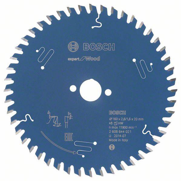 Kreissägeblatt der Marke Bosch, speziell für Holz. Durchmesser 160 mm, 48 Zähne, maximale Drehzahl 11.000 U/min.