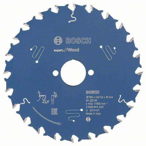 Kreissägeblatt 'Bosch expert for Wood', Durchmesser 165 mm, 24 Zähne, geeignet für Holz, maximale Drehzahl 11.500 U/min.