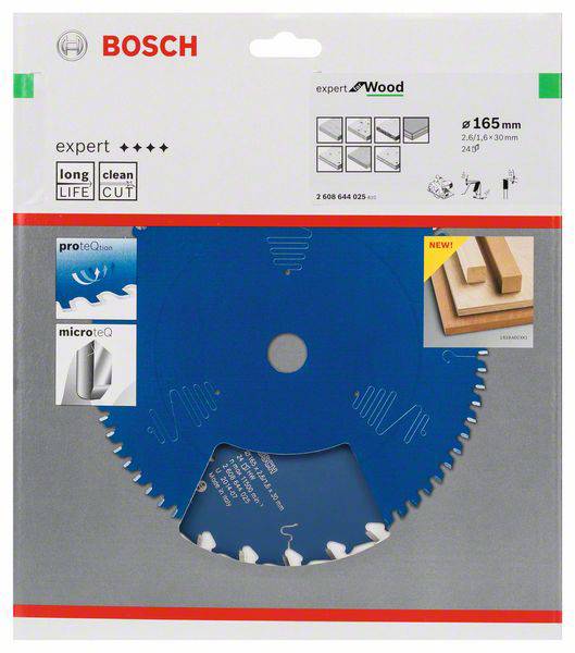 Blaues Kreissägeblatt in Verpackung von Bosch, geeignet für Holzarbeiten. Aufdruck: 'expert', 'long life', 'clean cut', Durchmesser 165 mm.
