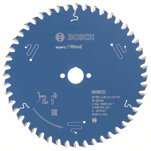 Kreissägeblatt von Bosch, Modell 'Expert for Wood', Durchmesser 180 mm, geeignet für Holzbearbeitung, 48 Zähne, aus Italien.