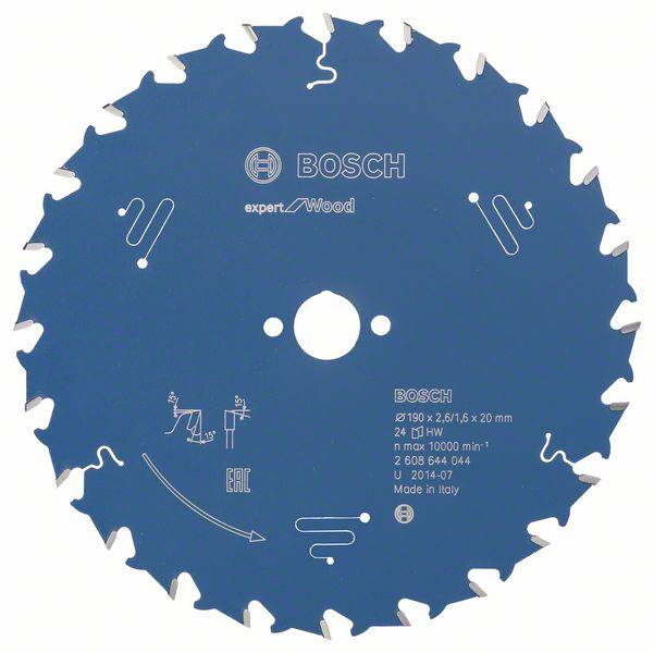Blaues Bosch-Sägeblatt für Holz. Durchmesser 190 mm, 24 Zähne, Bohrung 20 mm. Lasergravierte technische Details und Logos.