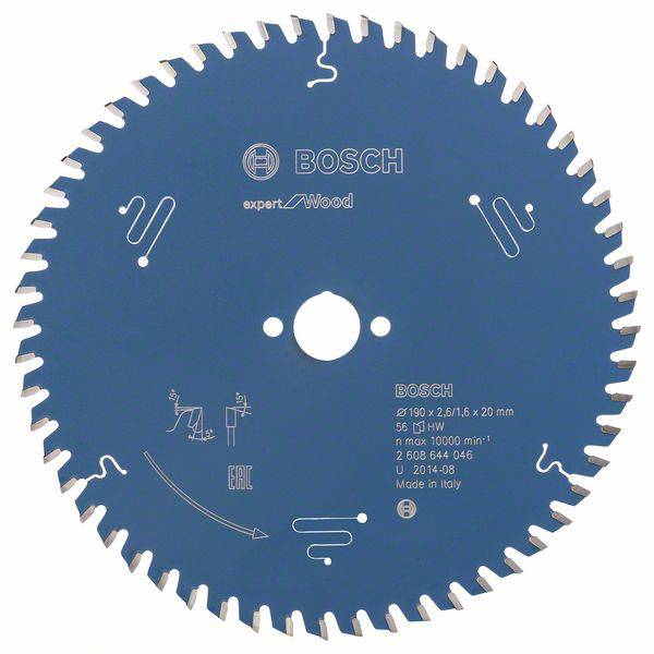 Eine Kreissägeblatt-Disk von Bosch, speziell für Holz geeignet. Sie zeigt technische Spezifikationen und das Firmenlogo.