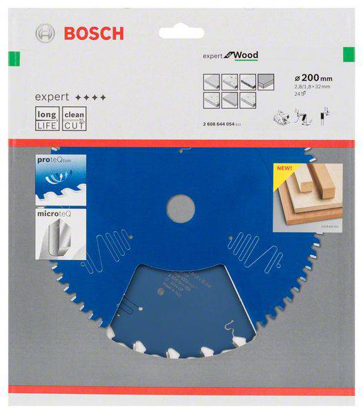Verpackung einer Bosch Kreissägeblatt 'expert for Wood' mit 200 mm Durchmesser. Eignung für Holz, langlebig, präziser Schnitt.